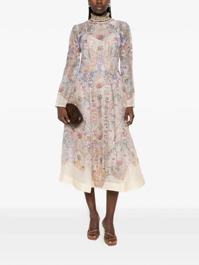 Zimmermann Womens Blue Floral Rebellion Beaded Linen And Silk Midi Dress Xs In Neutral