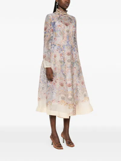 Zimmermann Womens Blue Floral Rebellion Beaded Linen And Silk Midi Dress Xs In Neutral