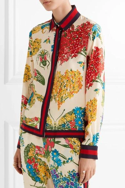 Shop Gucci Grosgrain-trimmed Printed Silk Crepe De Chine Blouse In Yellow