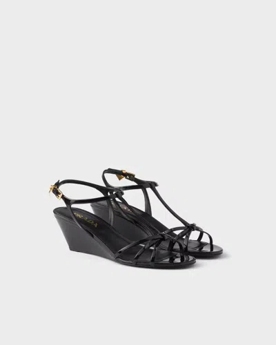 Prada Leather Sandals Wedge Heel Open Toe In Black