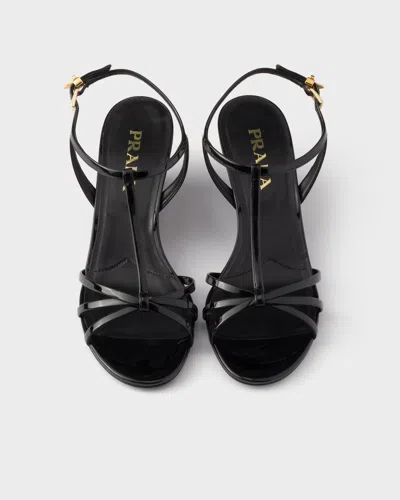 Prada Leather Sandals Wedge Heel Open Toe In Black