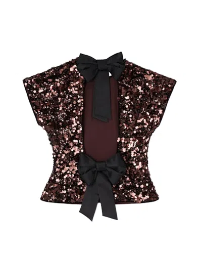 Ganni Womens Demitasse Bow-embroidered Sequin-embellished Velvet Top In Brown