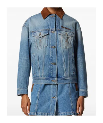 Versace Cotton Denim Jacket Long Sleeves Contrast Collar In Blue