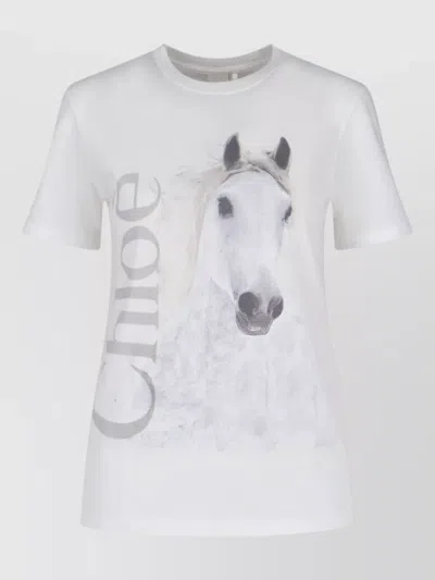 Chloé Cotton Crew Neck Graphic Short Sleeve T-shirt In White