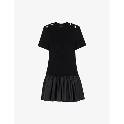 Maje Cotton-blend Rib Knit And Taffeta Mini Dress In Black