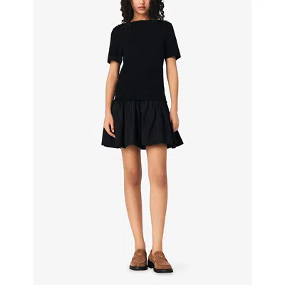 Maje Cotton-blend Rib Knit And Taffeta Mini Dress In Black
