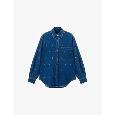 Maje Womens Blue Rhinestone-embellished Denim Shirt In Blue