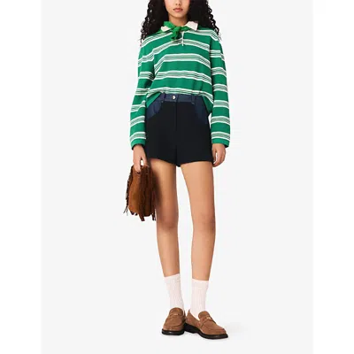 Maje Womens Green Striped Cropped Cotton-blend Polo Jumper In Multi