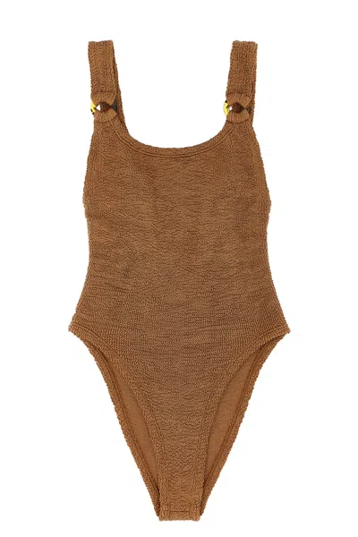 Hunza G Domino Seersucker-weave Swimsuit In Metallic Cocoa