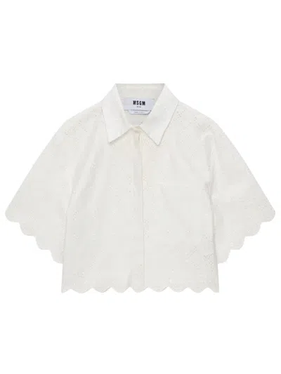 Msgm Delicate Eyelet Cropped Shirt With Scalloped Hemline In White