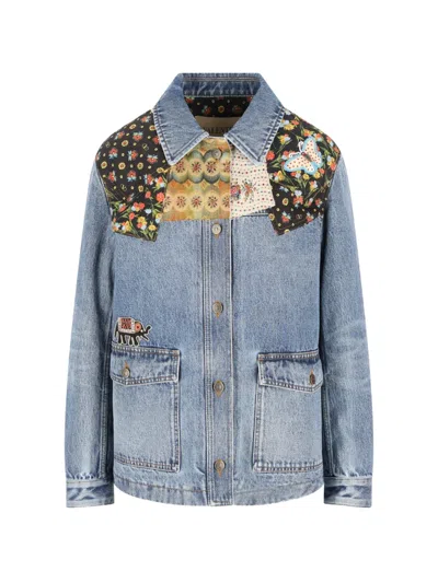 Valentino Denim Jacket Padded Collared Neck Patchwork In Blue