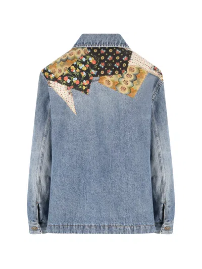 Valentino Denim Jacket Padded Collared Neck Patchwork In Blue