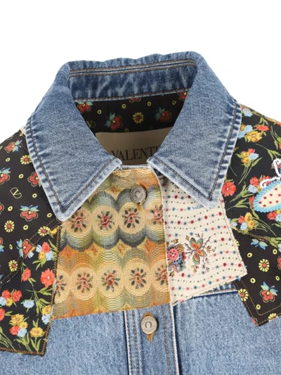 Valentino Denim Jacket Padded Collared Neck Patchwork In Blue