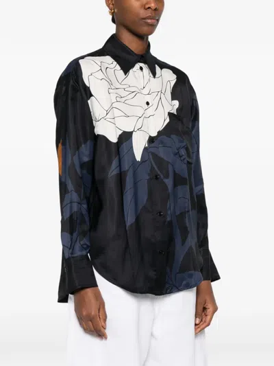 Victoria Beckham Floral Shirt Long Sleeves Collared Neck Pocket In Blue