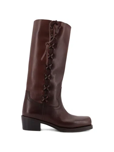 Paris Texas Roxanne Leather Knee High Block Heel Boots In Brown