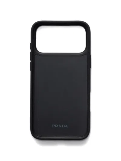 Prada Enameled Triangle Leather Phone Case Iphone 17 Pro Max In Black