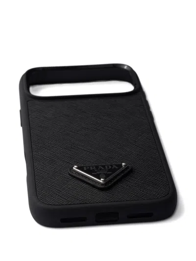 Prada Enameled Triangle Leather Phone Case Iphone 17 Pro Max In Black