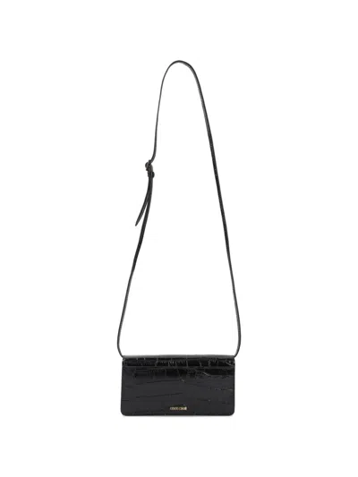 Roberto Cavalli Roar Mini Shoulder Bag Crocodile Gold Strap In Black