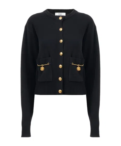 Chloé Chloe Embellished-pocket Wool And Cashmere-blend Cardigan In Black
