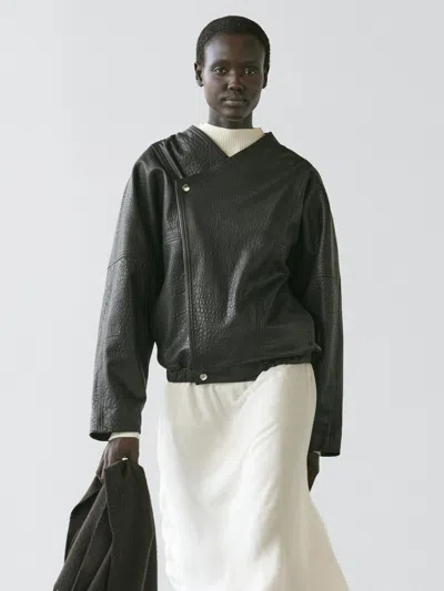 Massimo Dutti Leather Bomber Jacket In Black