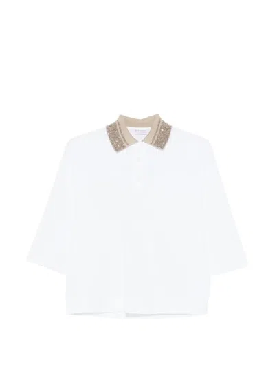 Brunello Cucinelli Women Cotton Jersey Polo Shirt With Dazzling Knit Collar In White