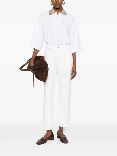 Brunello Cucinelli Women Cotton Jersey Polo Shirt With Dazzling Knit Collar In White