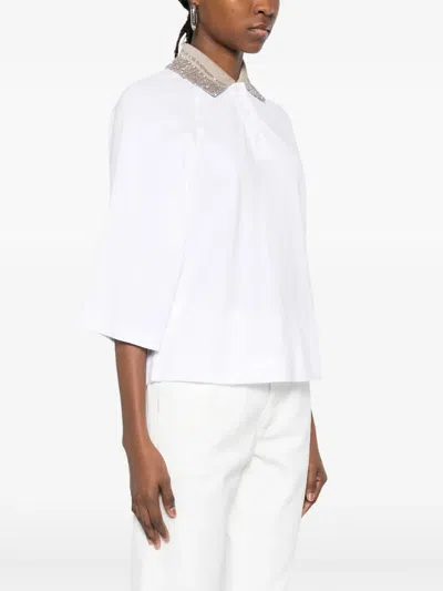 Brunello Cucinelli Women Cotton Jersey Polo Shirt With Dazzling Knit Collar In White