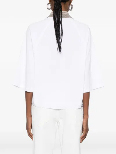 Brunello Cucinelli Women Cotton Jersey Polo Shirt With Dazzling Knit Collar In White