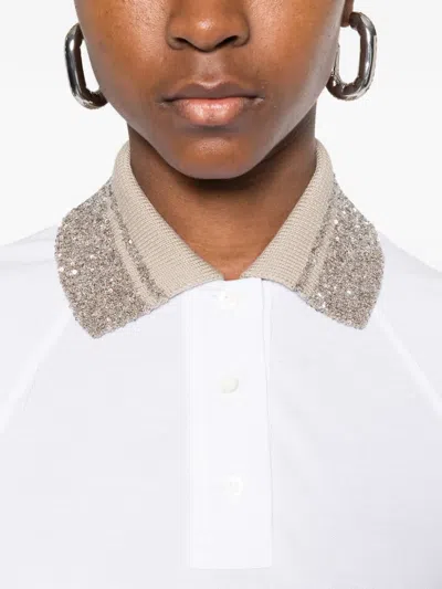 Brunello Cucinelli Women Cotton Jersey Polo Shirt With Dazzling Knit Collar In White