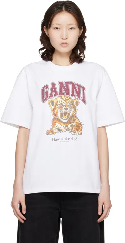 Ganni Womens Bright White Tiger-print Round-neck Cotton-jersey T-shirt Xl