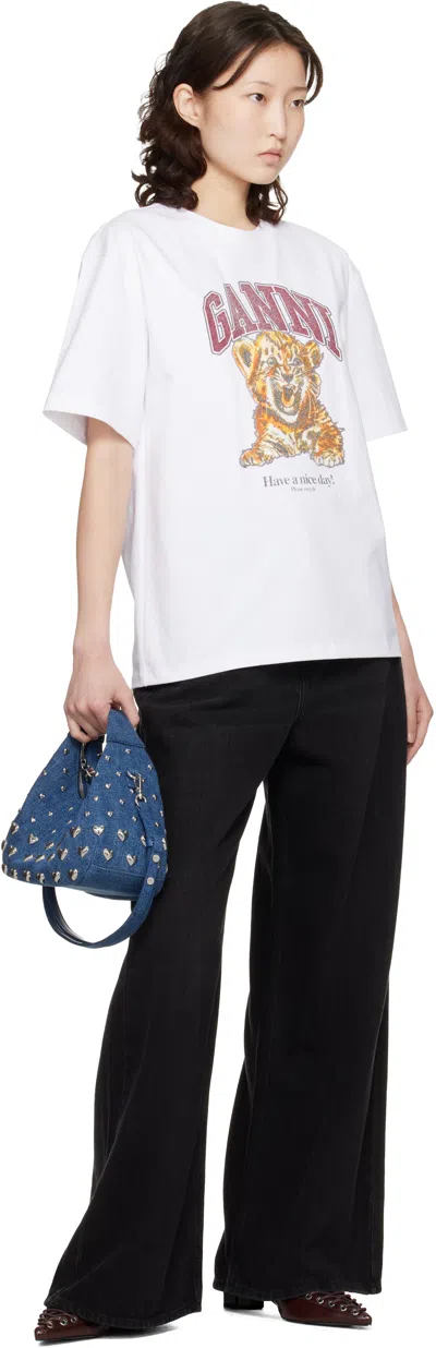 Ganni Womens Bright White Tiger-print Round-neck Cotton-jersey T-shirt Xl