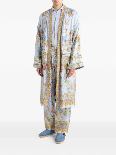 Etro Printed Silk Robe In Blue