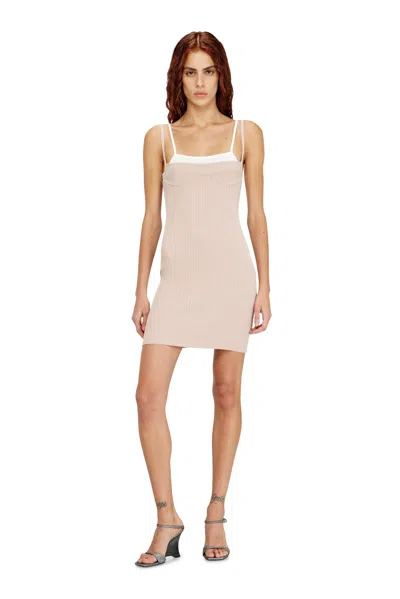 Diesel M-zandra Beige Mini Dress With Spaghetti Straps And Ribbed Knit In Viscose Blend Woman In White