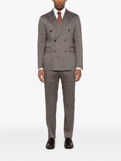 Tagliatore Double-breasted Striped-pattern Suit In Brown