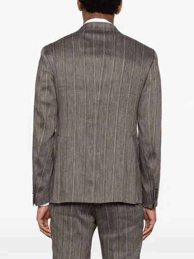 Tagliatore Double-breasted Striped-pattern Suit In Brown