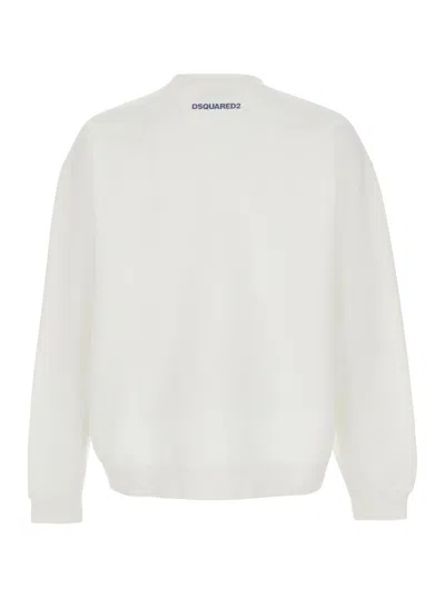 Dsquared2 Men White Crew Neck Sweater With Print On The Front In Cotton Man In White