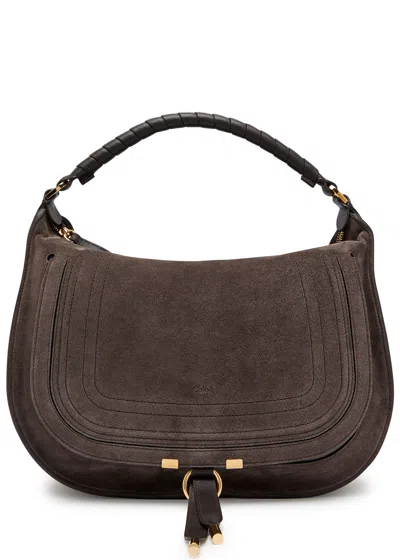 Chloé Marcie Medium Black Shoulder Bag With Logo Lettering On The Front In Suede Woman In Brown
