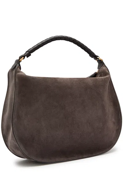 Chloé Marcie Medium Black Shoulder Bag With Logo Lettering On The Front In Suede Woman In Brown