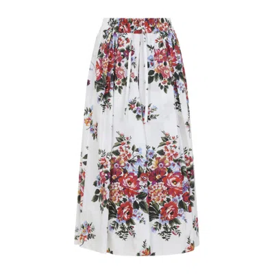 Dolce & Gabbana White Long Skirt With Floral Print And Elasticated Waistband In Cotton Woman In White