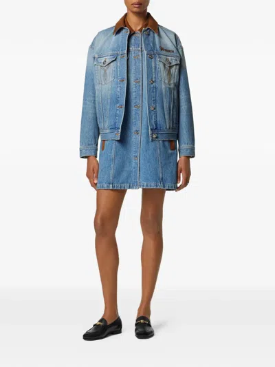 Versace Cotton Denim Jacket Long Sleeves Contrast Collar In Blue