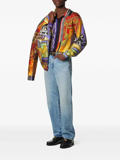 Versace Patchwork-print Button-front Cardigan In Multi