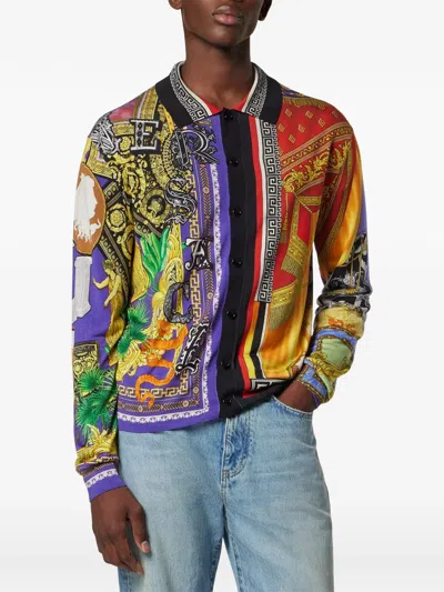 Versace Patchwork-print Button-front Cardigan In Multi
