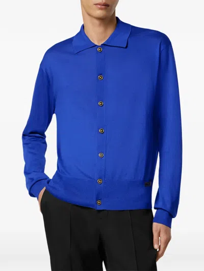 Versace Buttoned Collared Cardigan In Blue