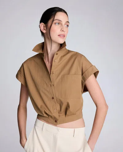 Kenneth Cole Poplin Cropped Short Sleeve Shirt In Brown