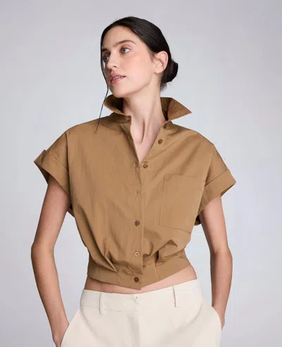 Kenneth Cole Poplin Cropped Short Sleeve Shirt In Brown