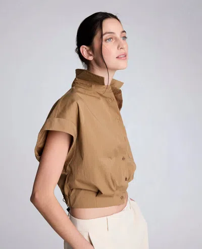 Kenneth Cole Poplin Cropped Short Sleeve Shirt In Brown