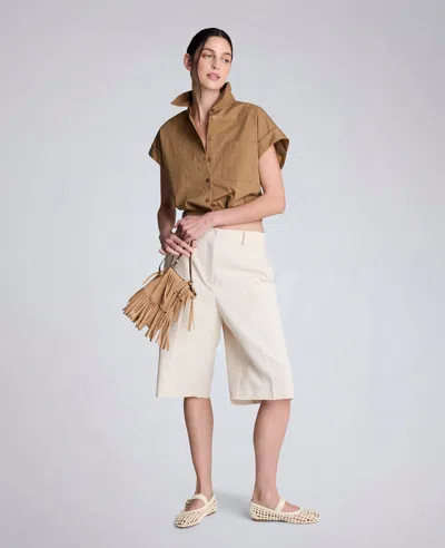 Kenneth Cole Poplin Cropped Short Sleeve Shirt In Brown