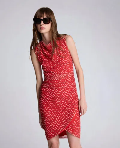 Kenneth Cole Polka Dot Mesh Side Rouched Faux Wrap Dress In Red