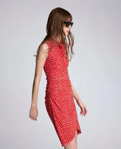 Kenneth Cole Polka Dot Mesh Side Rouched Faux Wrap Dress In Red
