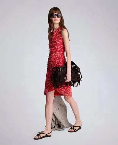 Kenneth Cole Polka Dot Mesh Side Rouched Faux Wrap Dress In Red